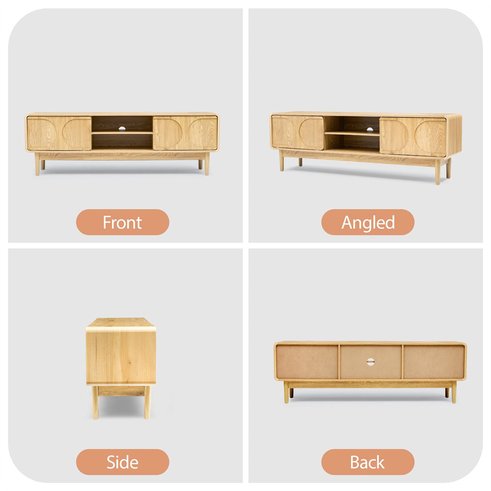 Wooden 59" TV stand shown from front, angled, side, and back perspectives on a white background.