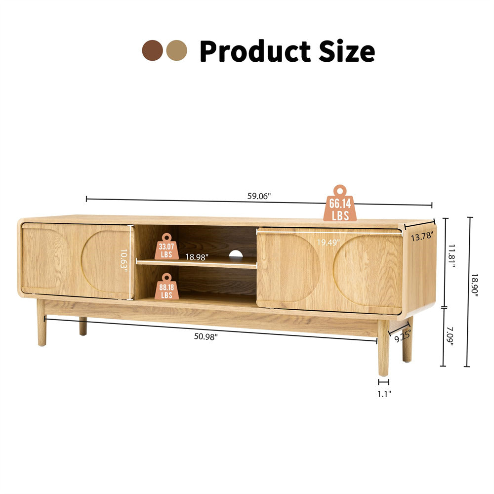 Wooden 59" TV stand with dimensions and weight label on a white background