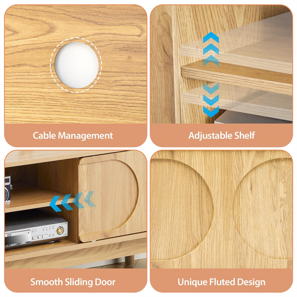 Wooden furniture with cable management, adjustable shelf, sliding door, and fluted design features.