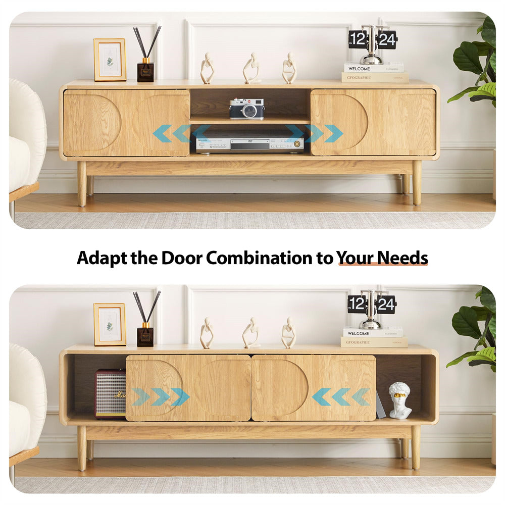 Wooden 59" TV stand with customizable door combinations in a room setting.