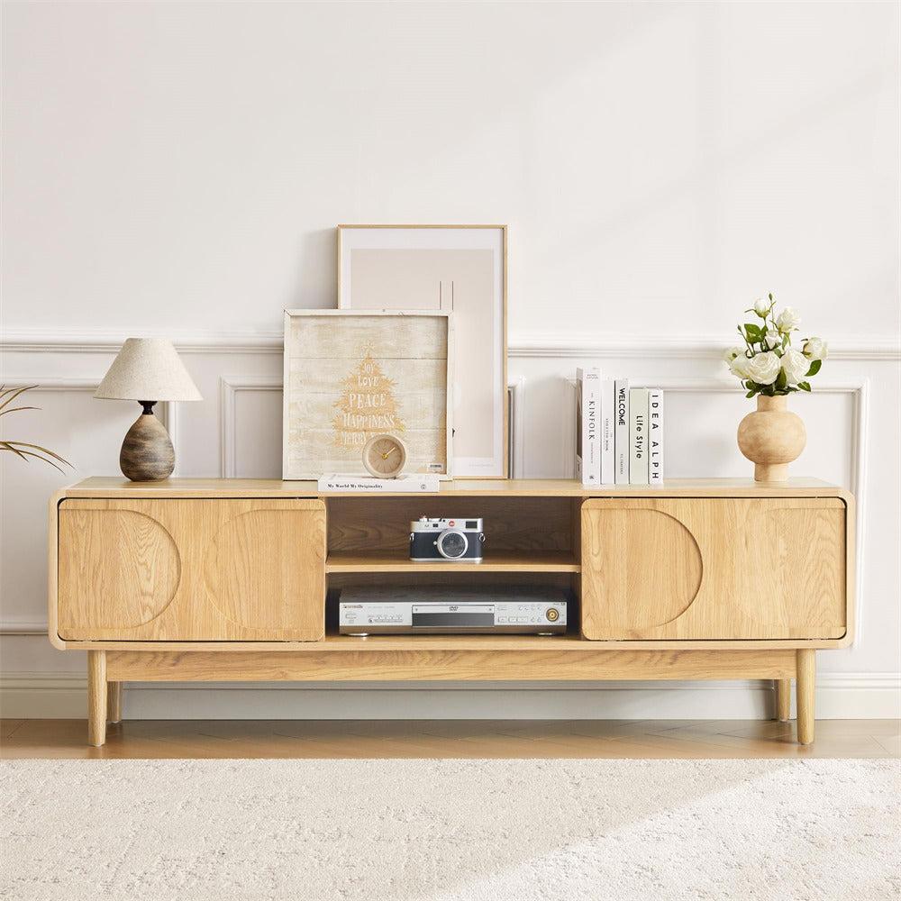 Wooden 59" TV stand with decorative items in a minimalistic room.