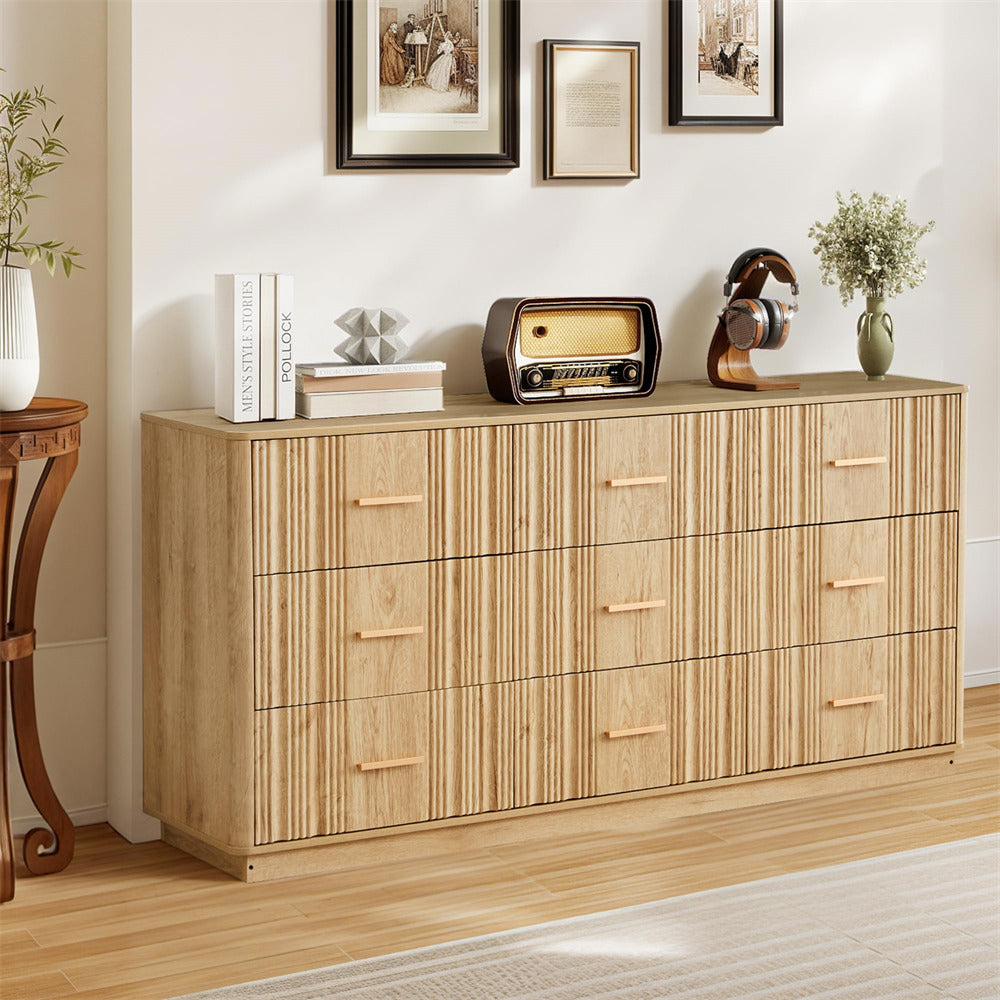 Wooden 9 drawers dresser with decorative items in a room setting