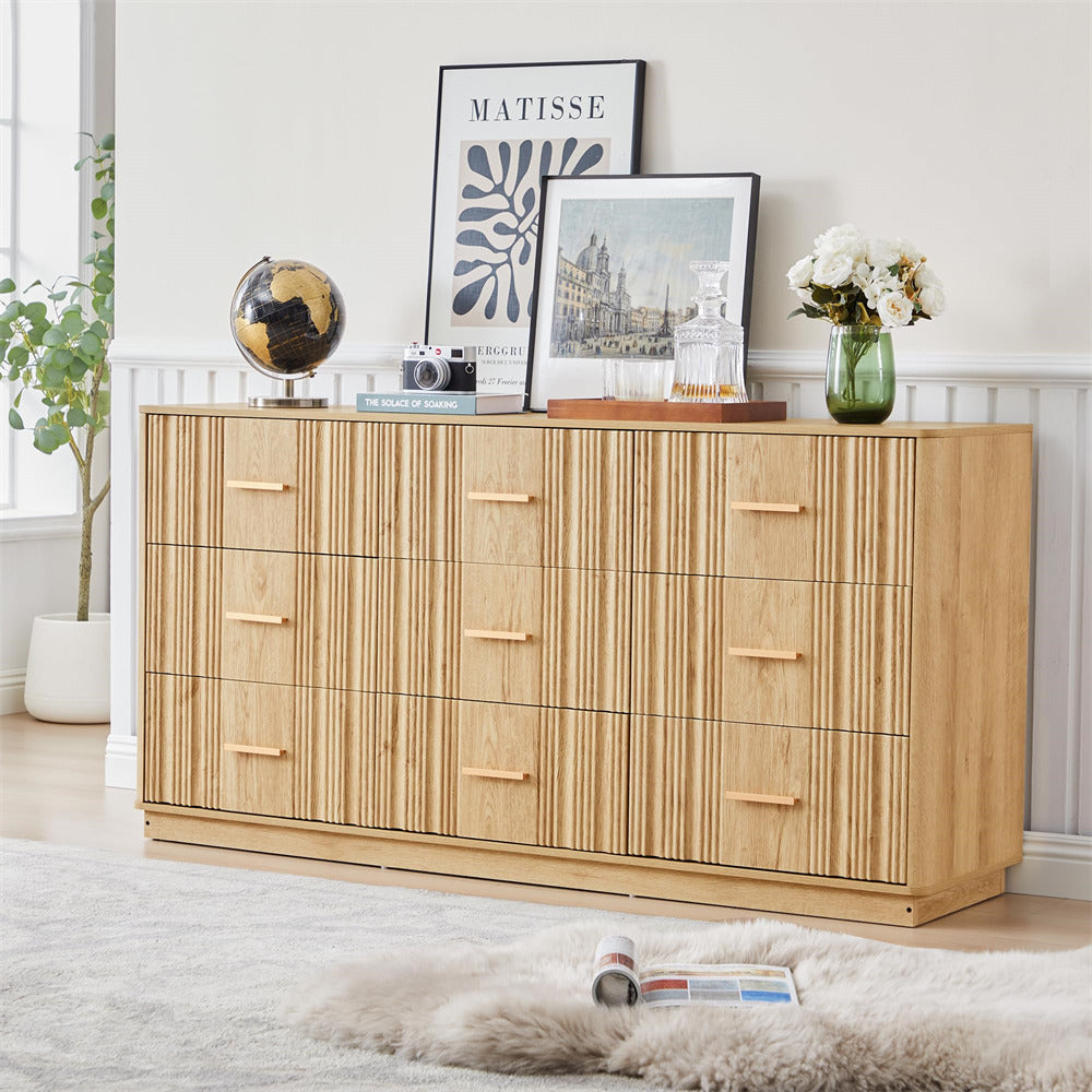 Natural 59" Wide Modern Wood Fluted 9 Drawers Dresser with Curved Profile Design