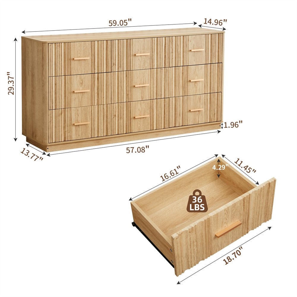 Natural 59" Wide Modern Wood Fluted 9 Drawers Dresser with Curved Profile Design