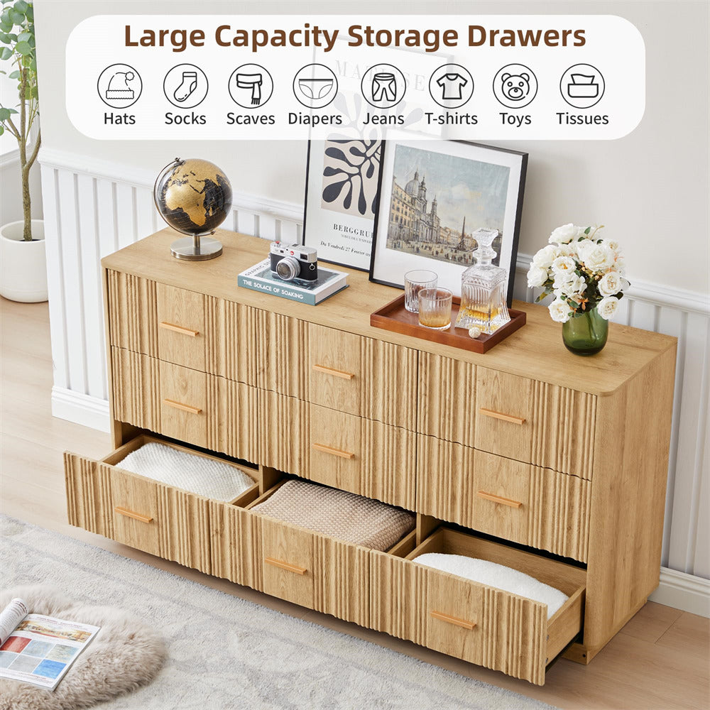 Natural 59" Wide Modern Wood Fluted 9 Drawers Dresser with Curved Profile Design