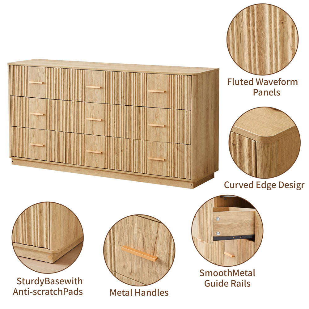 Natural 59" Wide Modern Wood Fluted 9 Drawers Dresser with Curved Profile Design