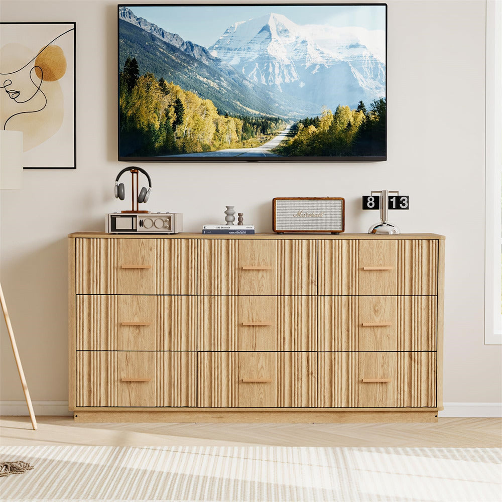 Natural 59" Wide Modern Wood Fluted 9 Drawers Dresser with Curved Profile Design