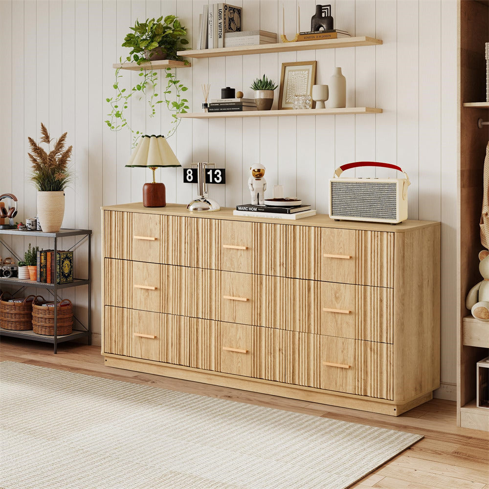 Wooden 9 drawers dresser with decorative items in a room with shelves and plants.
