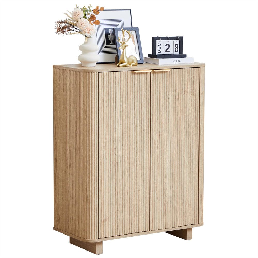 Natural Wooden 5 Tier cabinet with decorative items on a white background