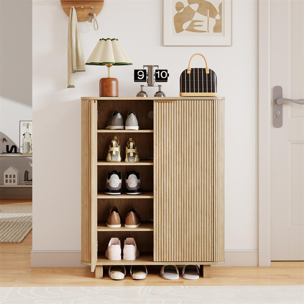 Wooden 5 Tier shoe cabinet with shoes inside in a room setting