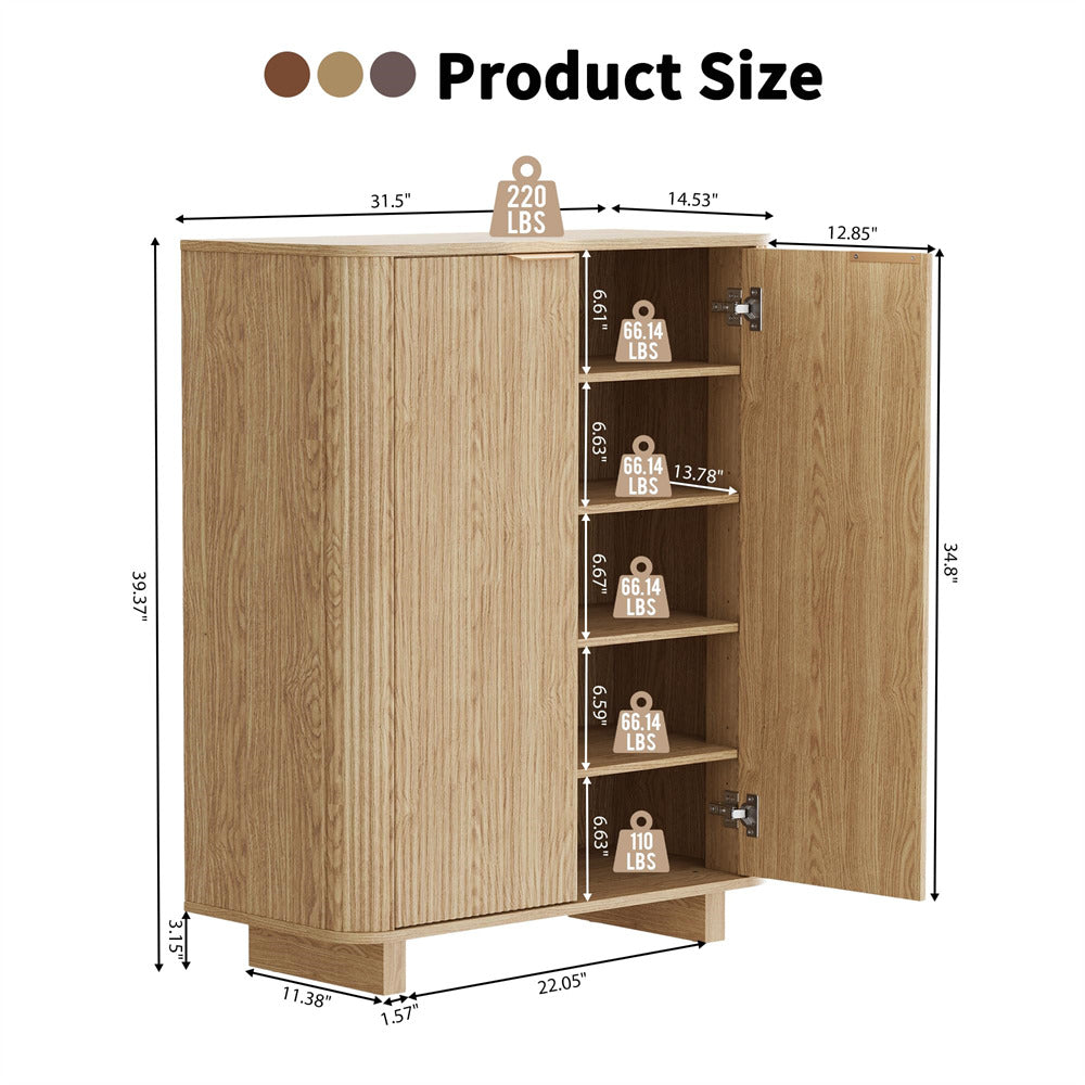 Wooden 5 Tier cabinet with dimensions labeled on a white background