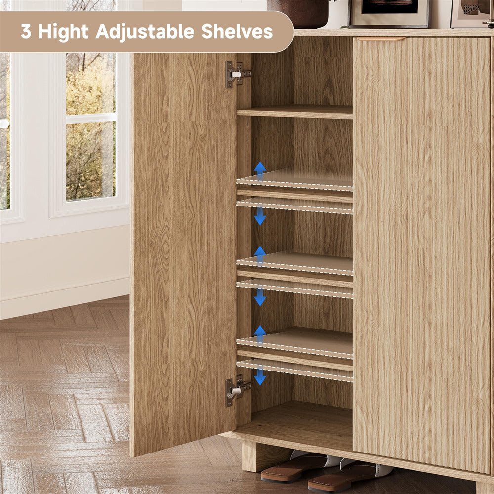 Wooden 5 Tier cabinet with adjustable shelves in a room with a window and shoes on the floor.
