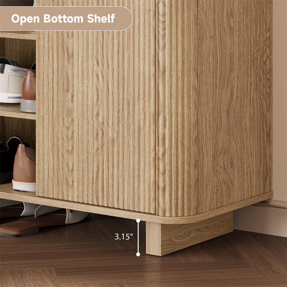 Wooden 5 Tier shoe cabinet with open bottom shelf showing height measurement.