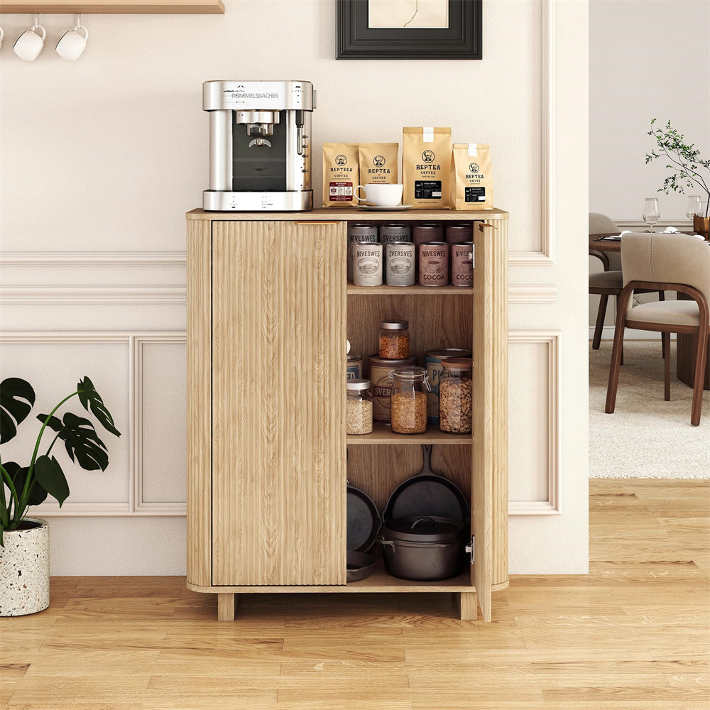 Wooden kitchen cabinet with appliances and jars in a home setting