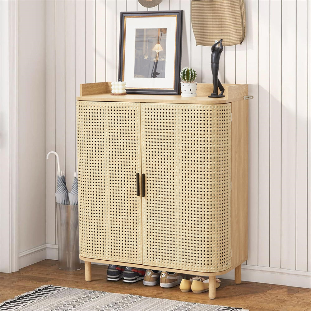 5 Tier Boho Wooden Shoe Cabinet Storage Organizer with Adjustable Shelves and Iron Rattan Curved Doors