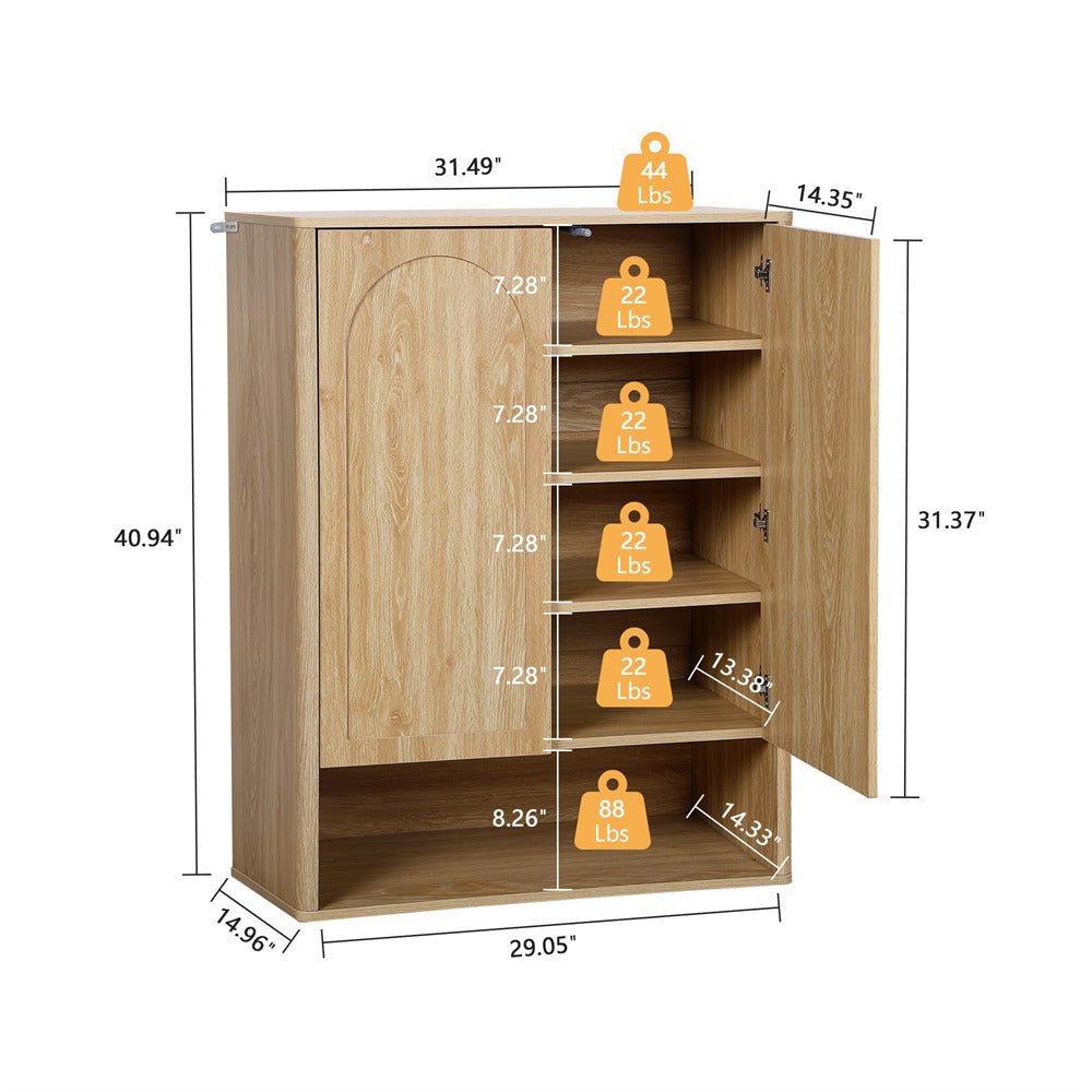 Wooden cabinet with measurements and weight indicators on a white background