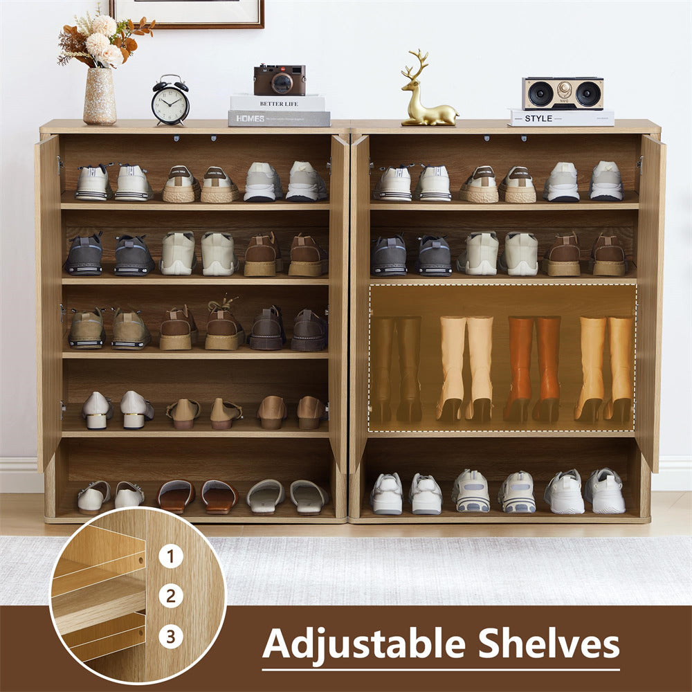 Wooden shoe cabinet with adjustable shelves displaying various shoes and decor items.