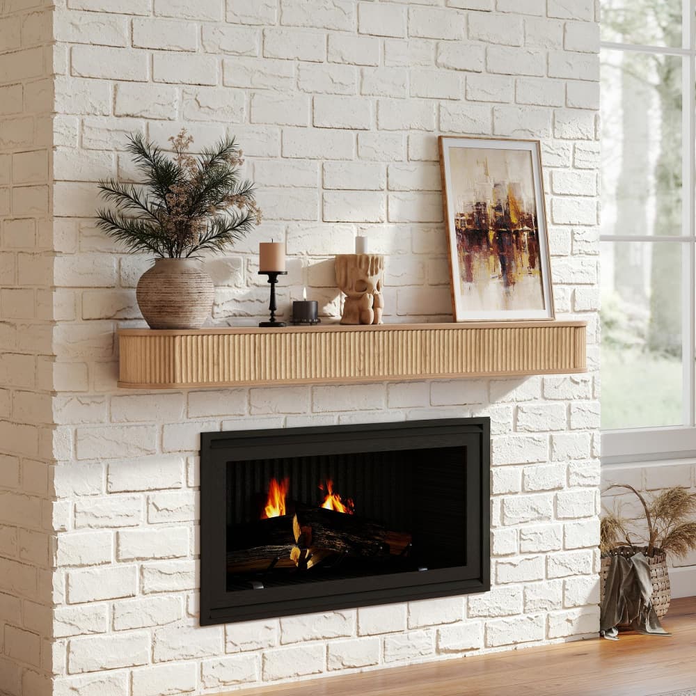 Natural 60" Fluted Wood Wall Mounted Fireplace Mantel Shelf Floating Shelves