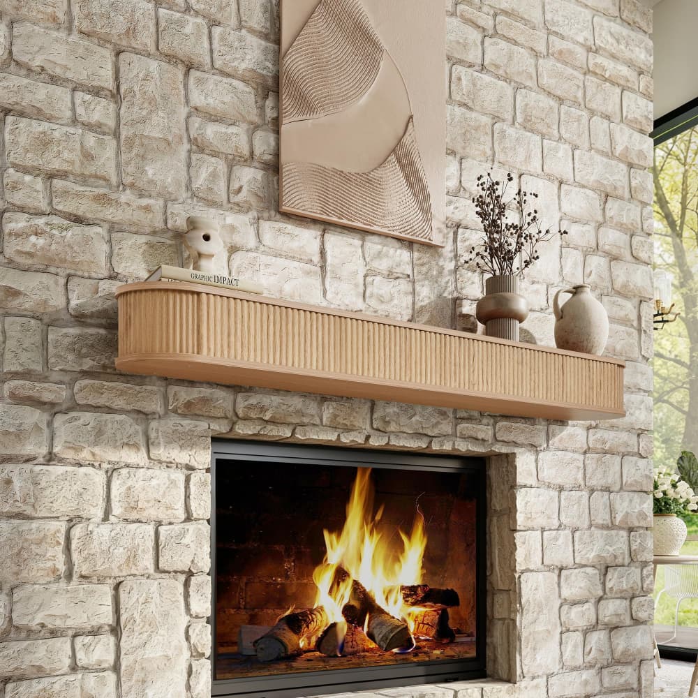 Natural 60" Fluted Wood Wall Mounted Fireplace Mantel Shelf Floating Shelves