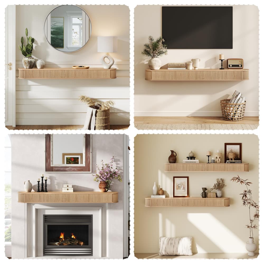 Natural 60" Fluted Wood Wall Mounted Fireplace Mantel Shelf Floating Shelves