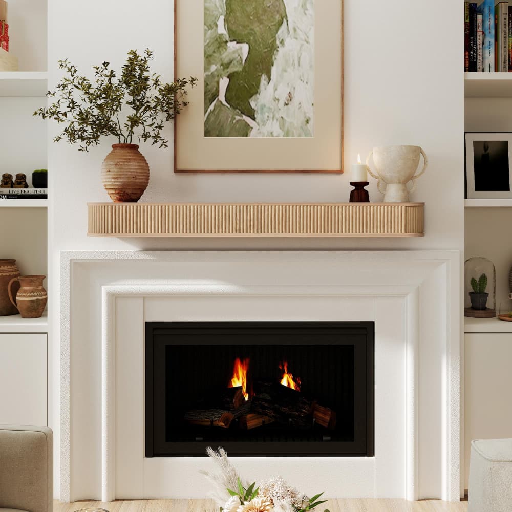 Natural 60" Fluted Wood Wall Mounted Fireplace Mantel Shelf Floating Shelves
