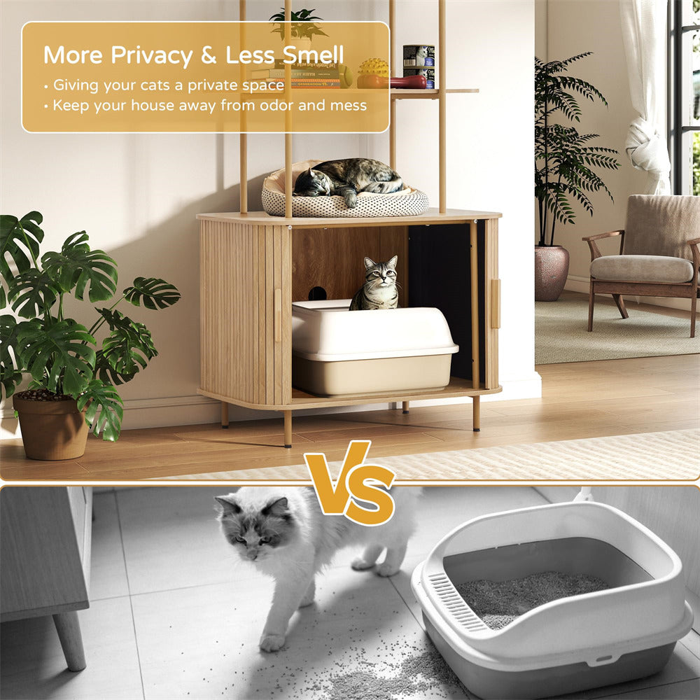 Cat litter box with a cat inside, surrounded by plants and furniture.