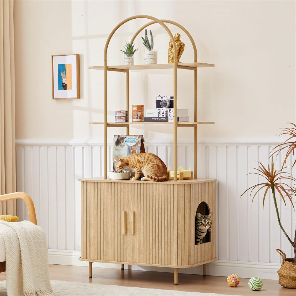 Natural 63" Arched Large Hidden Fluted Cat Litter Box Cabinet with 2-Tier Storage Shelves