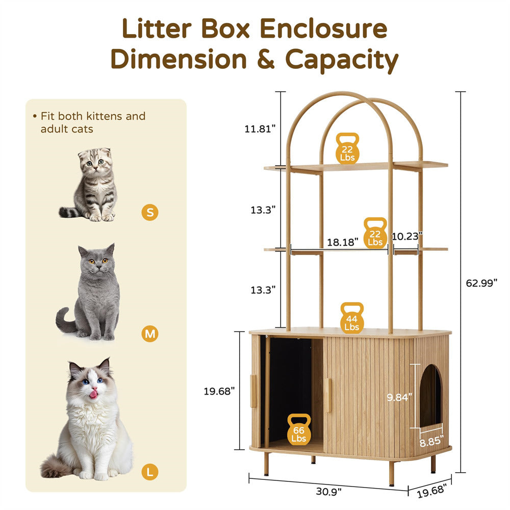 Cat litter box enclosure with dimensions and capacity details, featuring three cat illustrations.