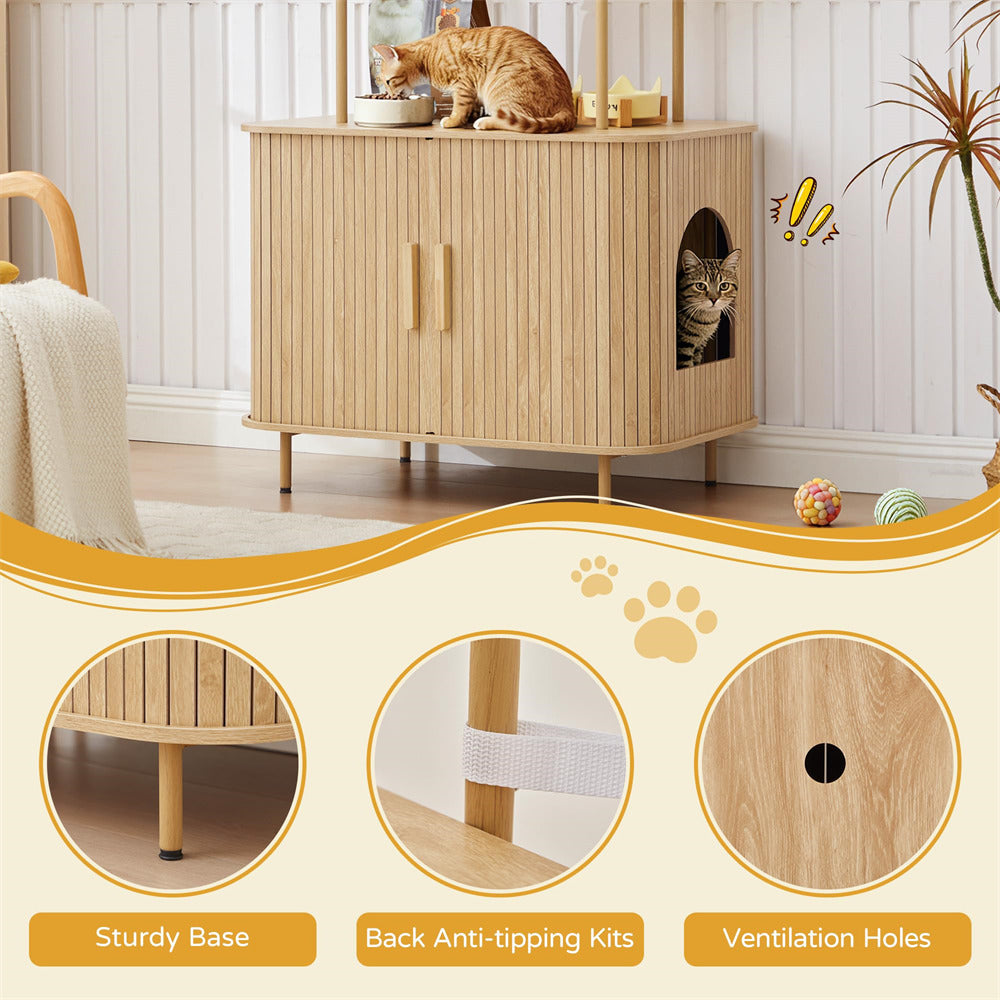 Wooden pet furniture with a cat on top and another inside, featuring sturdiness details.