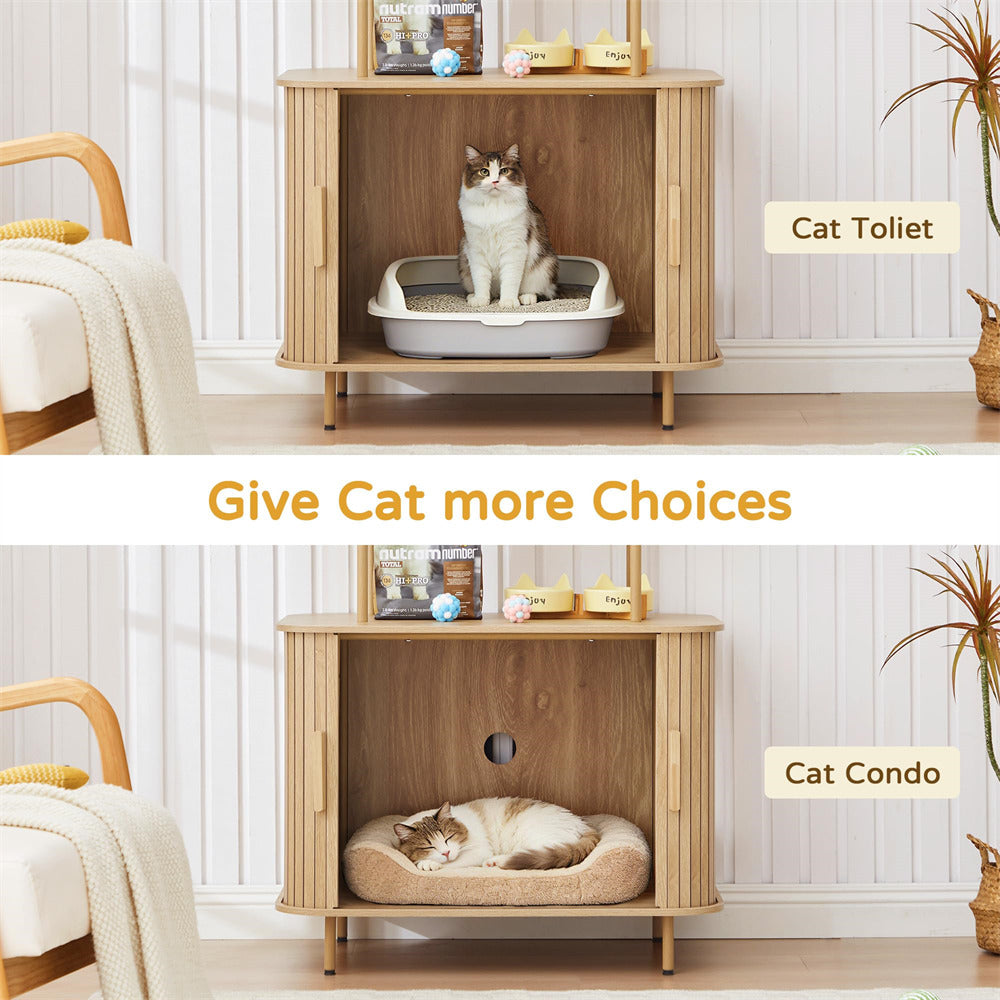 Wooden pet furniture with cat litter box and bed, labeled 'Cat Toilet' and 'Cat Condo'.