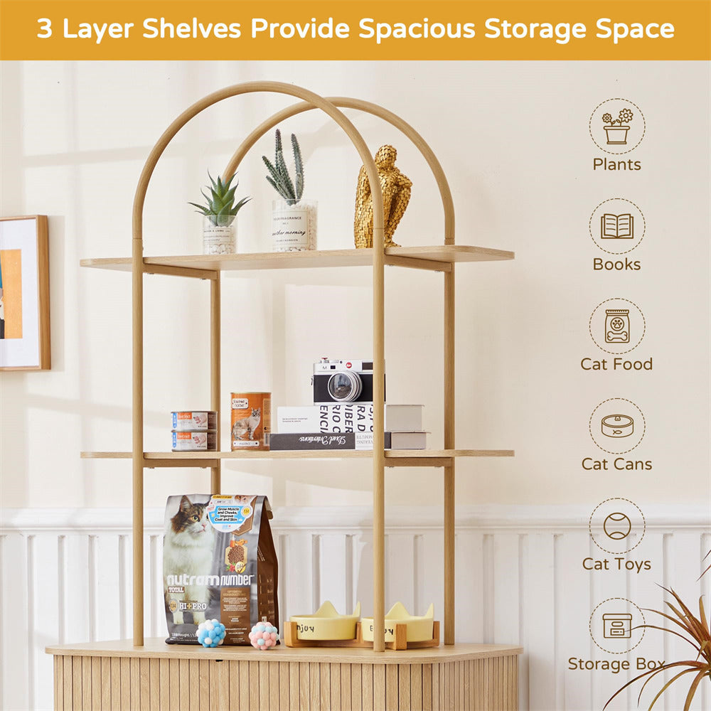 Wooden shelf with three layers displaying various items against a neutral wall.