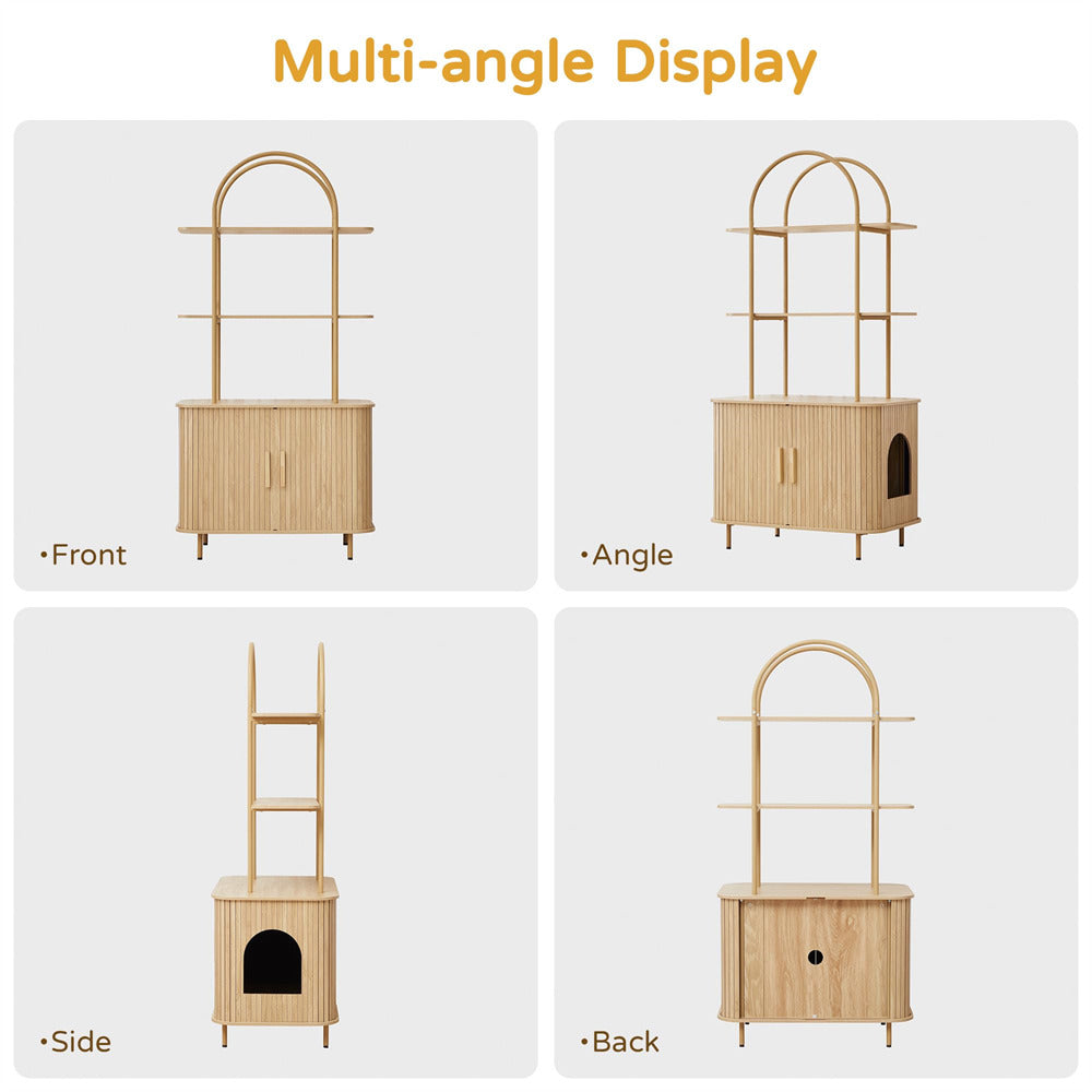 Multi-angle display of a wooden pet furniture piece with arches and a cat door.