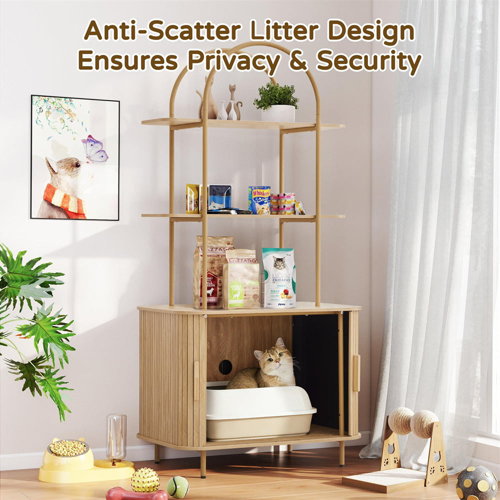 Wooden cabinet with a cat litter box inside, placed in a room with a shelf and decor.