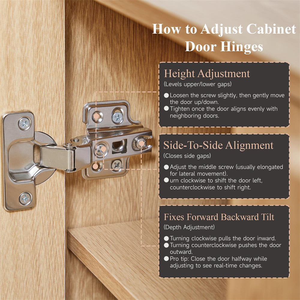 Cabinet door hinge with adjustment instructions on a wooden background
