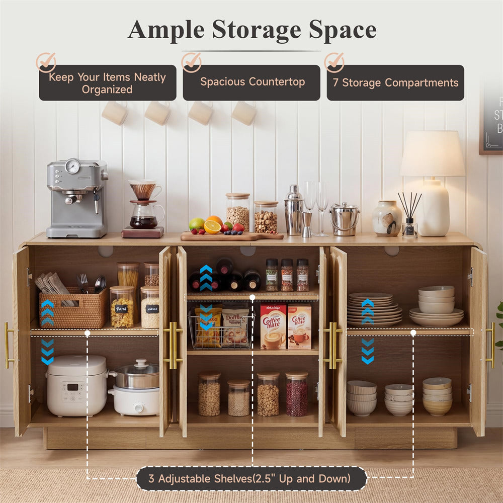 Wooden kitchen cabinet with open doors displaying various kitchen items and storage compartments.