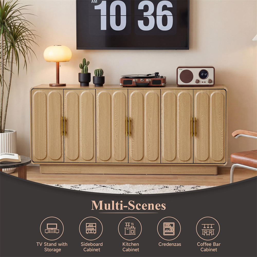 Wooden sideboard with decorative items in a living room setting, featuring a digital clock above.