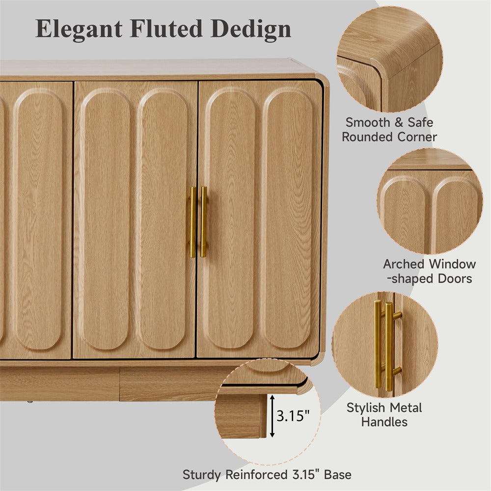 Wooden cabinet with fluted design, rounded corners, arched window-shaped doors, and stylish metal handles on a light gray background.
