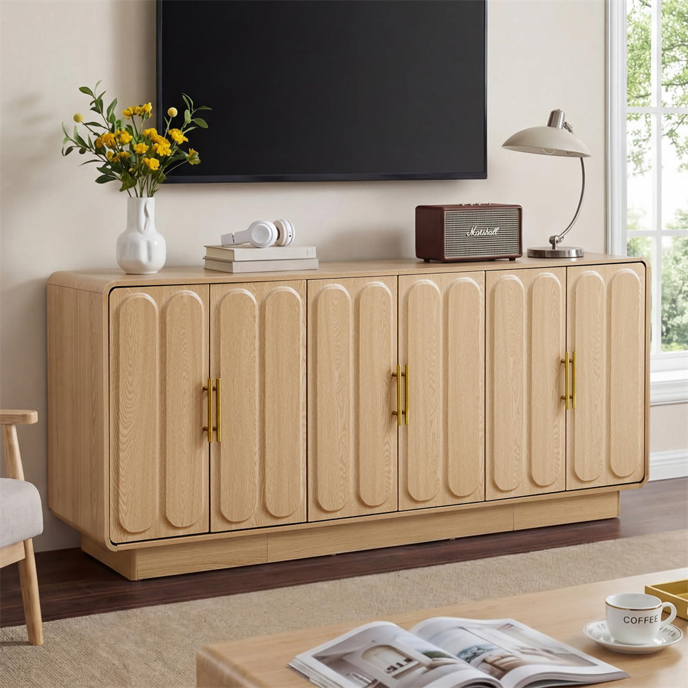 Light wood sideboard with decorative items in a living room setting