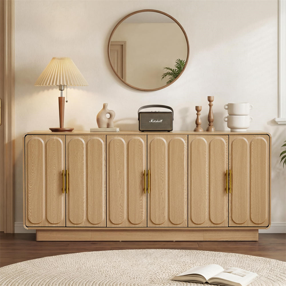 Beige sideboard with decorative items in a room setting