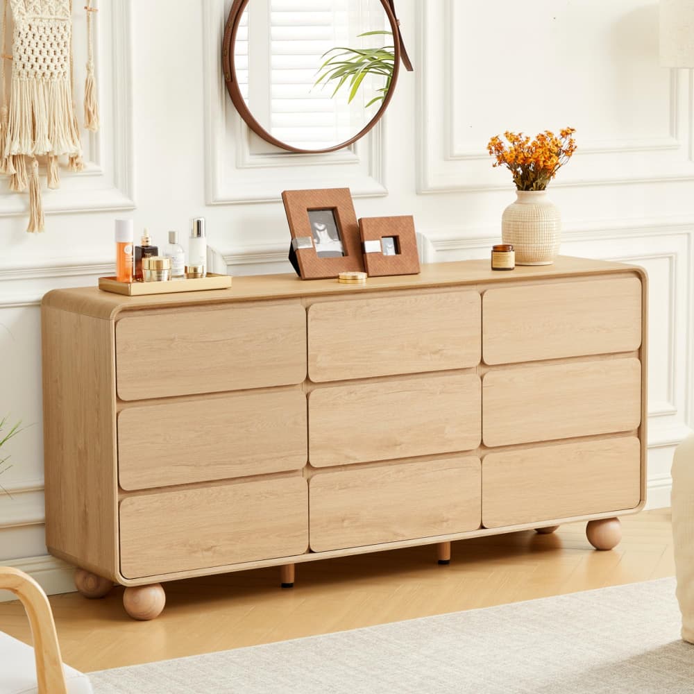 Natural 63" Wide Modern Wooden 9 Drawer Dresser with Curved Profile Design
