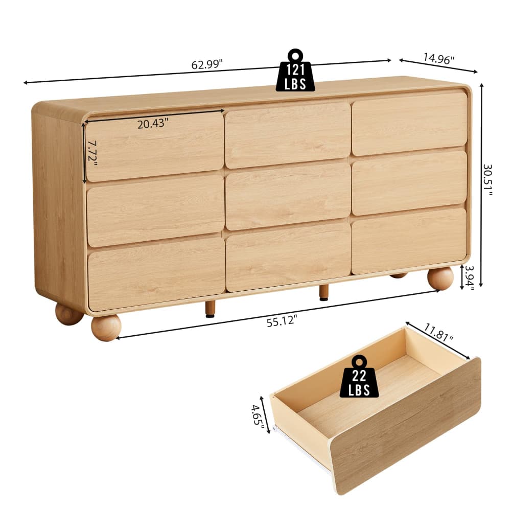 Natural 63" Wide Modern Wooden 9 Drawer Dresser with Curved Profile Design