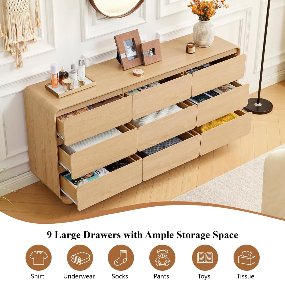 Natural 63" Wide Modern Wooden 9 Drawer Dresser with Curved Profile Design