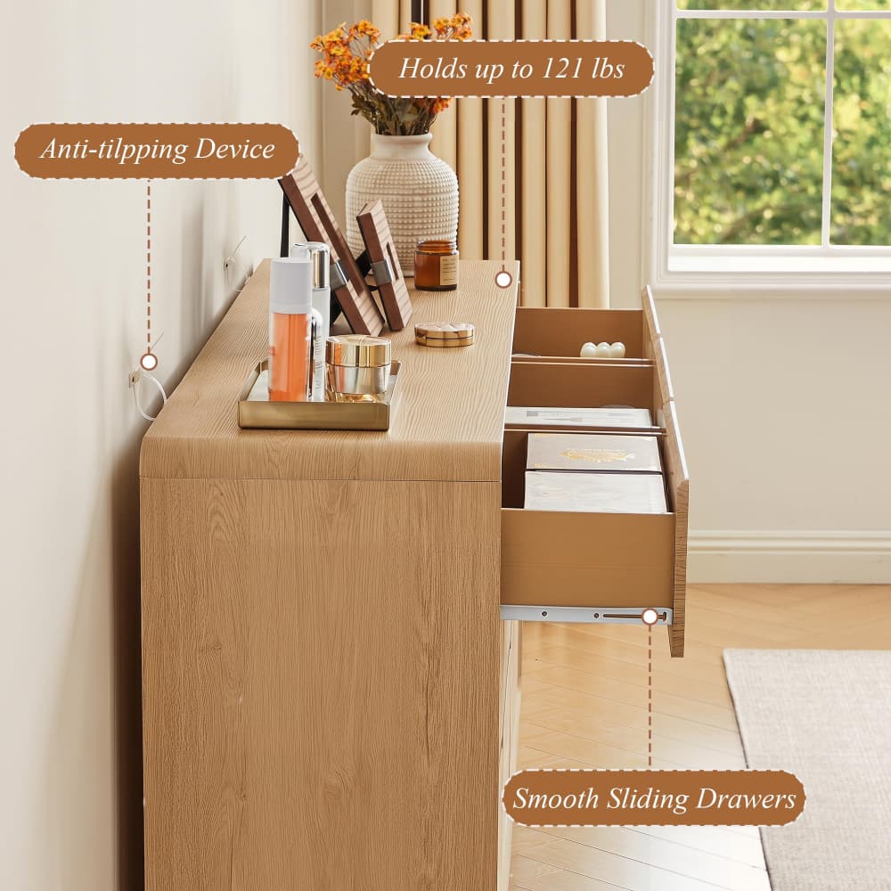 Natural 63" Wide Modern Wooden 9 Drawer Dresser with Curved Profile Design
