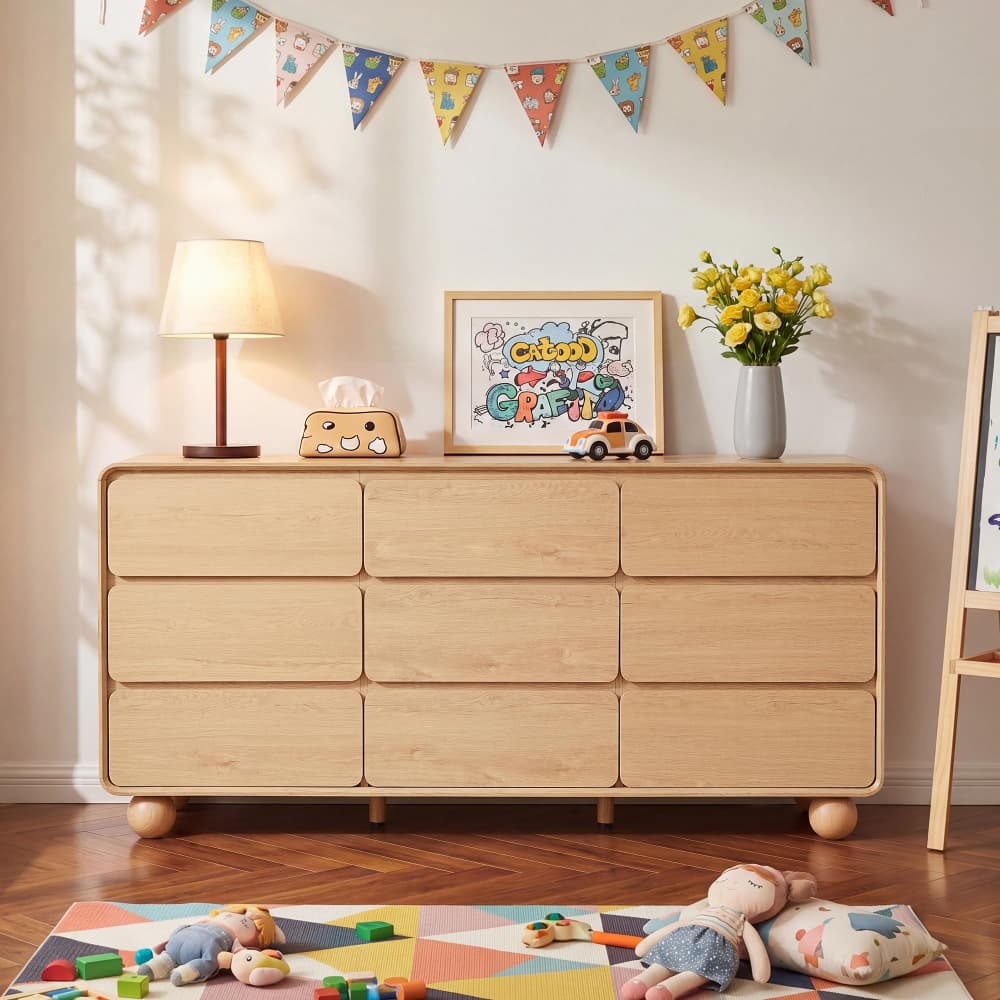 Natural 63" Wide Modern Wooden 9 Drawer Dresser with Curved Profile Design