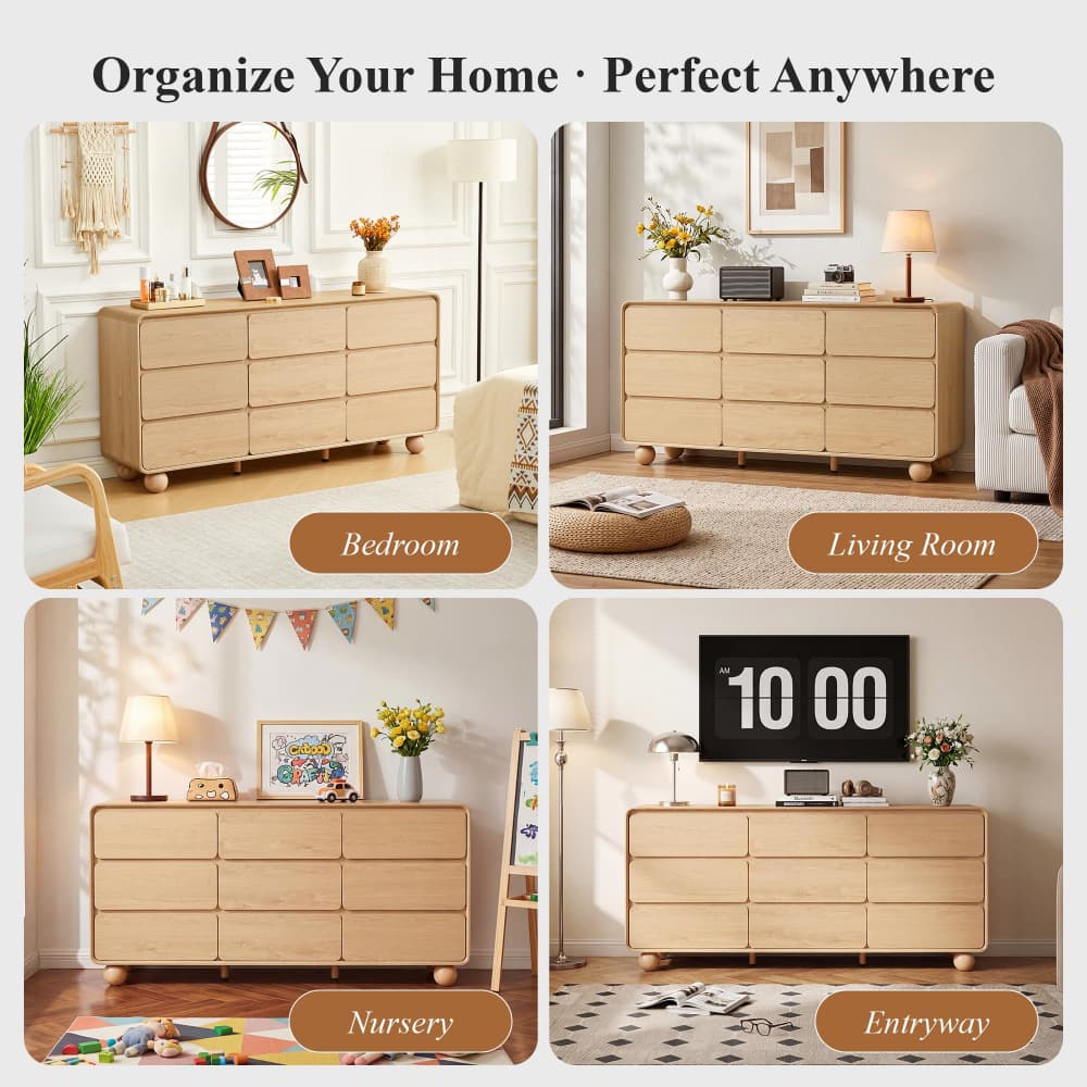 Natural 63" Wide Modern Wooden 9 Drawer Dresser with Curved Profile Design