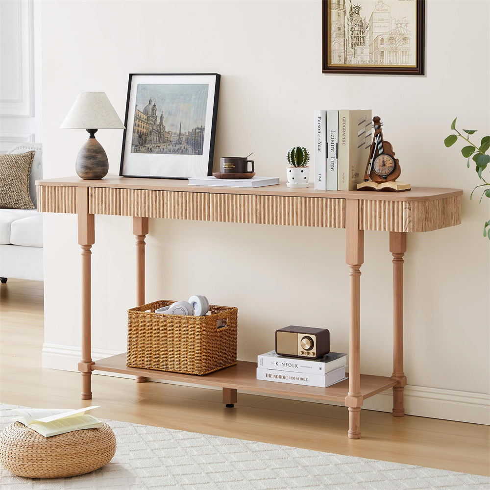 Wooden 63" console table in a living room with decor items