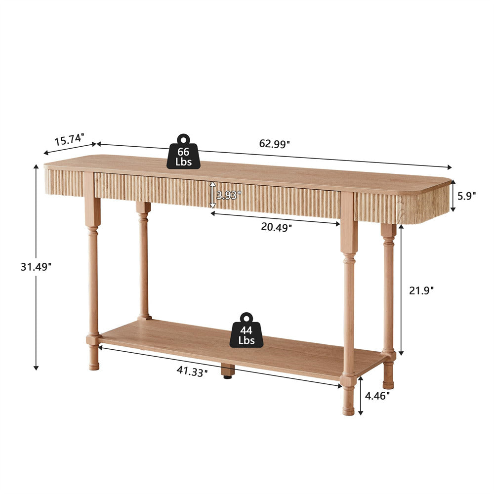 Wooden 63" console table with dimensions and weight indicators on a white background