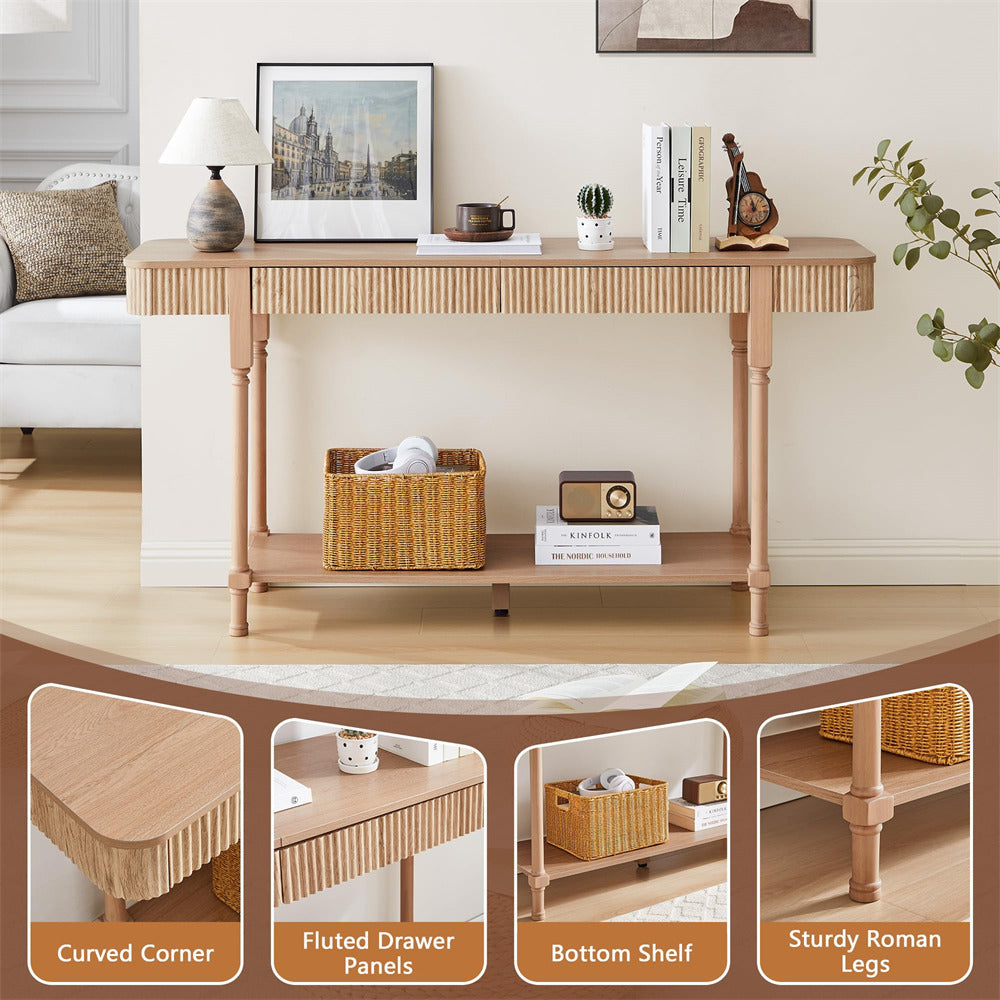 Wooden 63" console table with decorative items in a living room setting