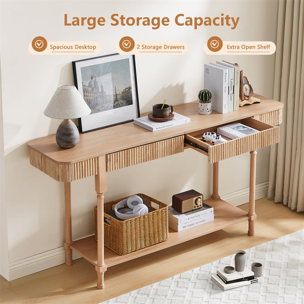 Wooden 63" console table with large storage capacity in a room setting.