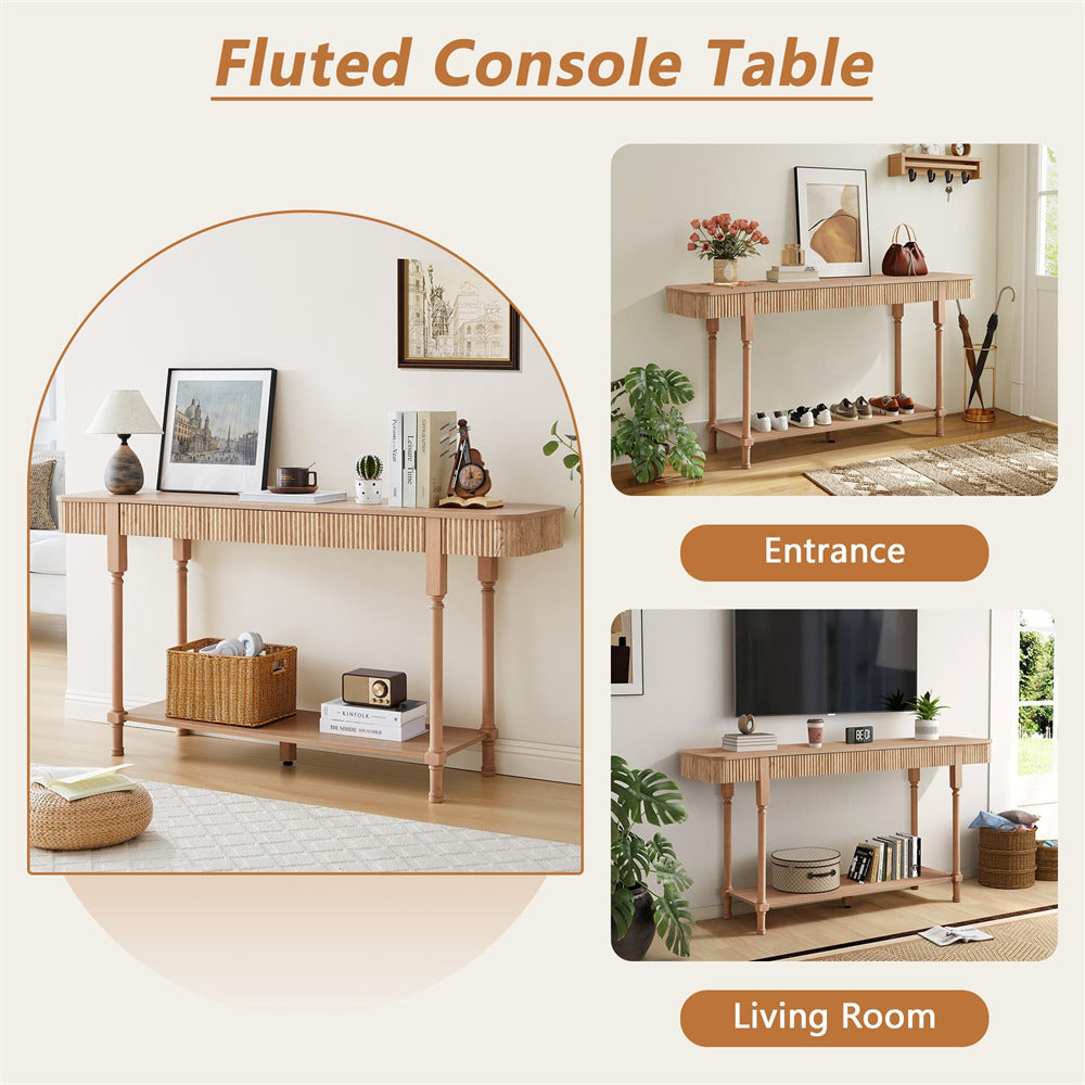 Fluted 63" console table in various room settings with decorative items.